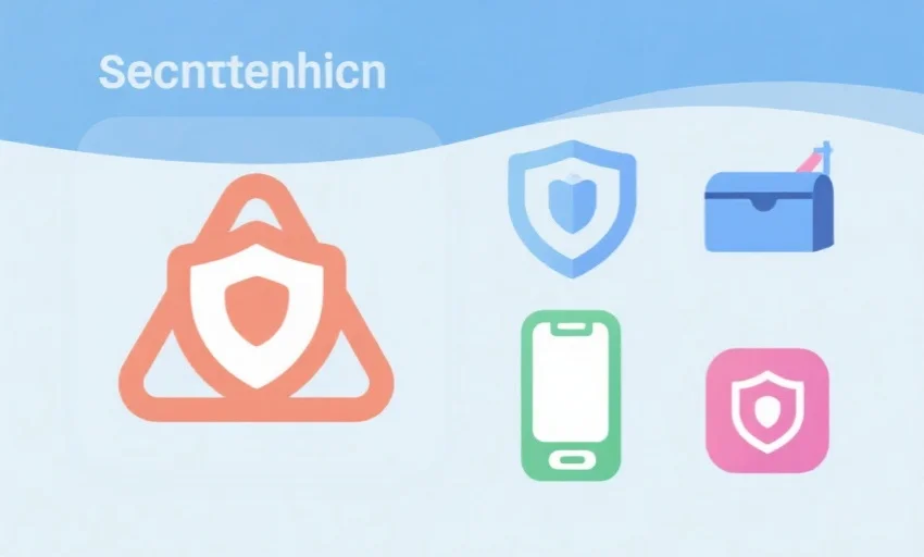 一个安全提示图标，旁边有手机和邮箱图标，传达信息安全和账号保护的主题