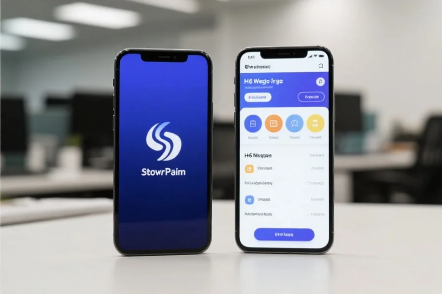 两台不同品牌的智能手机同时展示风暴平台的App界面和H5网页界面，背景为办公桌
