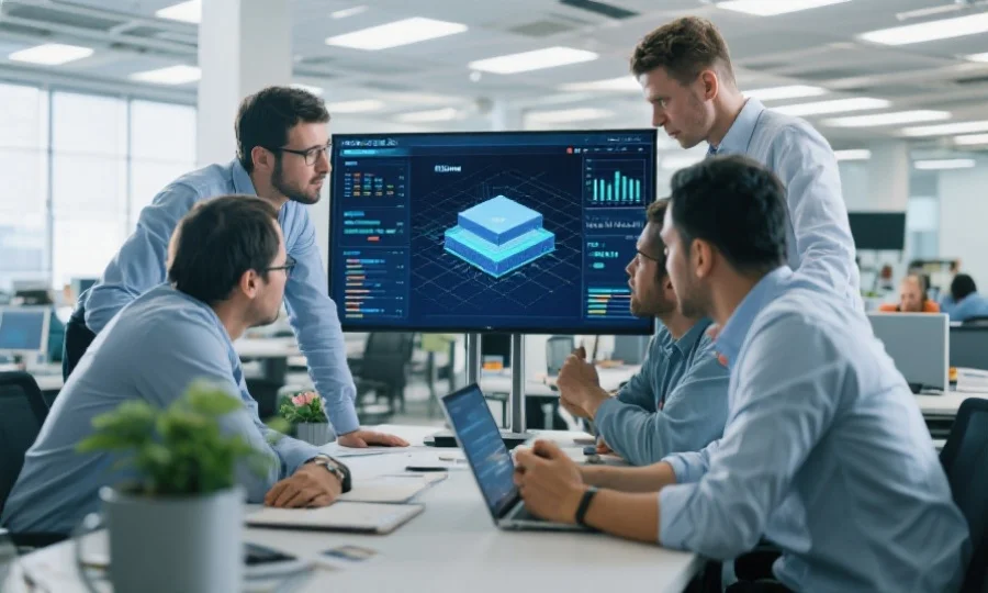 团队工程师在开放式办公环境中协作讨论,屏幕上显示着平台性能数据和技术方案